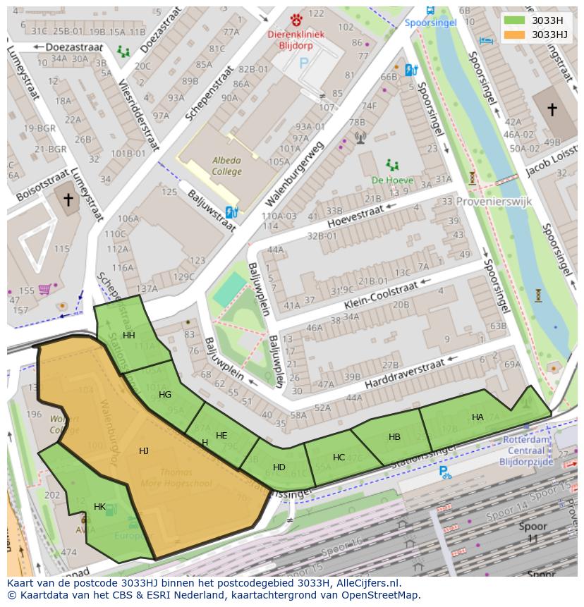 Afbeelding van het postcodegebied 3033 HJ op de kaart.