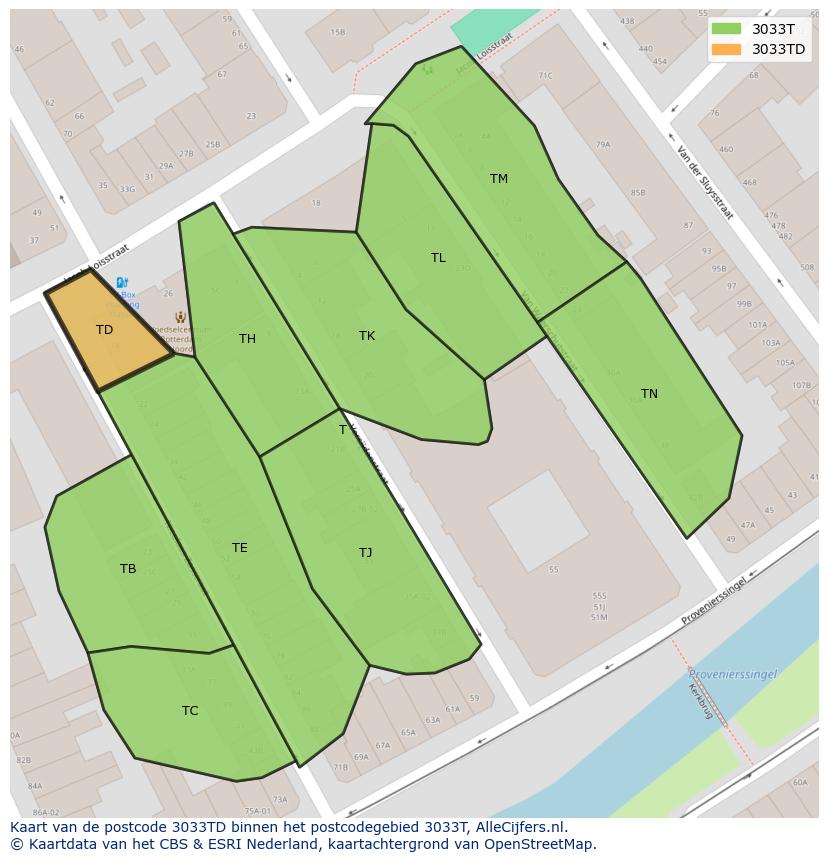 Afbeelding van het postcodegebied 3033 TD op de kaart.