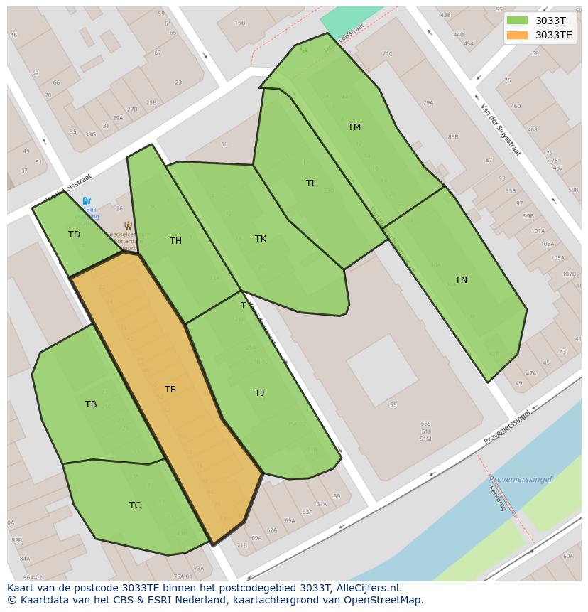 Afbeelding van het postcodegebied 3033 TE op de kaart.