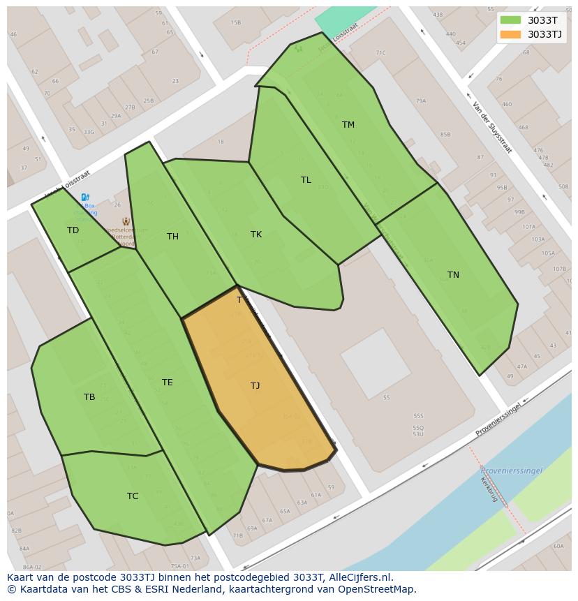 Afbeelding van het postcodegebied 3033 TJ op de kaart.