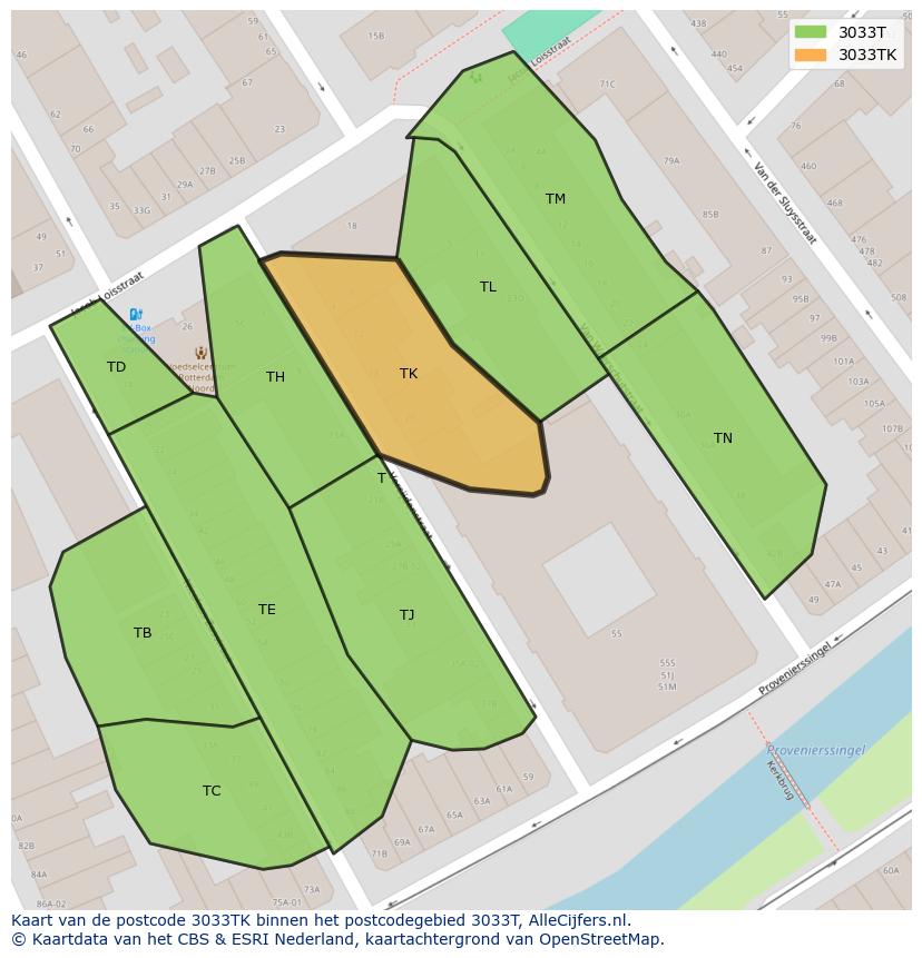 Afbeelding van het postcodegebied 3033 TK op de kaart.