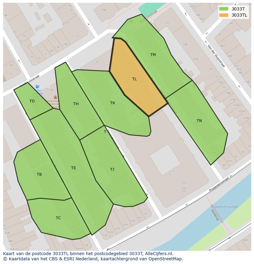 Afbeelding van het postcodegebied 3033 TL op de kaart.