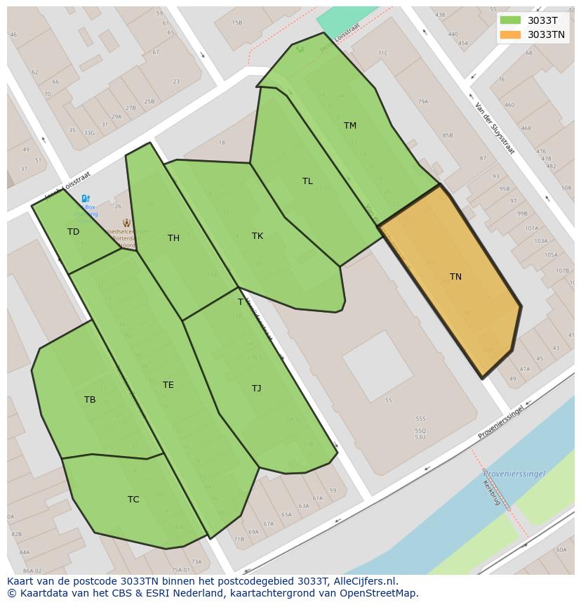 Afbeelding van het postcodegebied 3033 TN op de kaart.