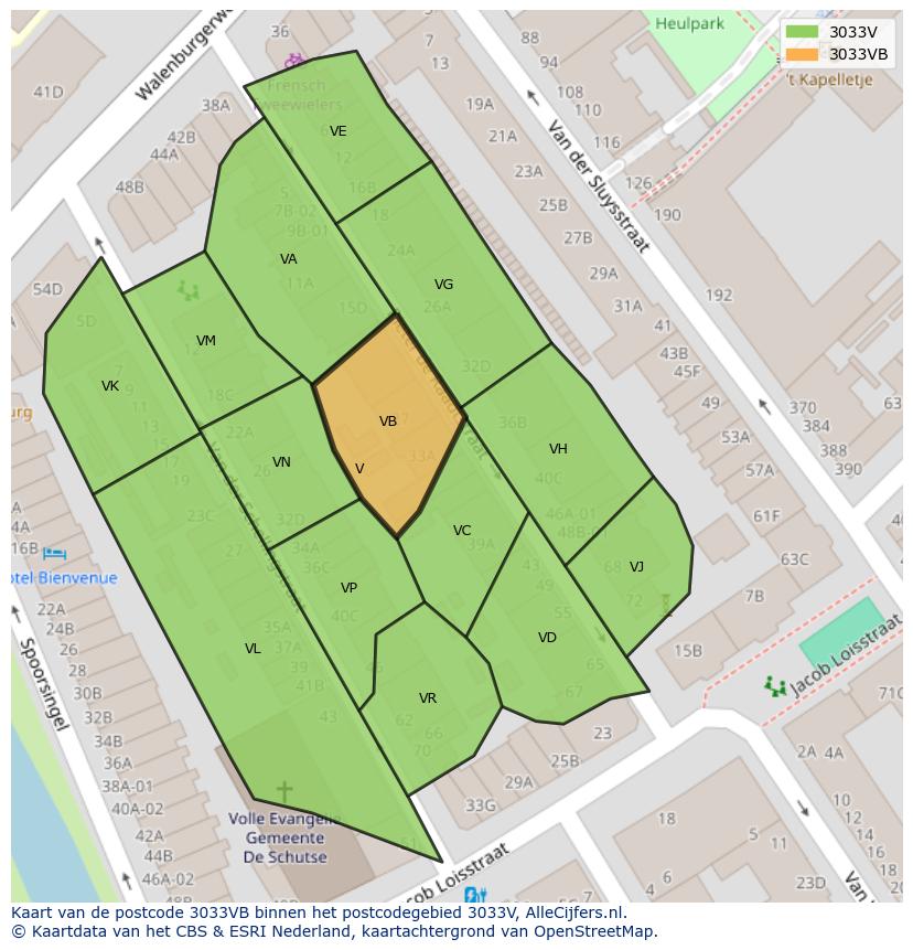 Afbeelding van het postcodegebied 3033 VB op de kaart.