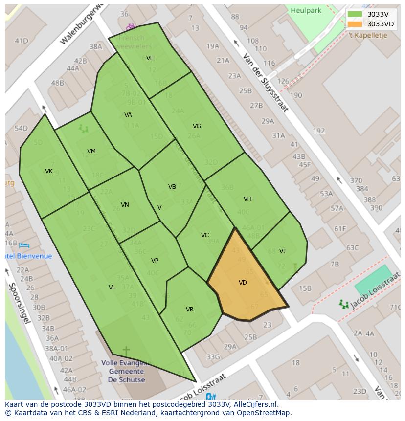Afbeelding van het postcodegebied 3033 VD op de kaart.