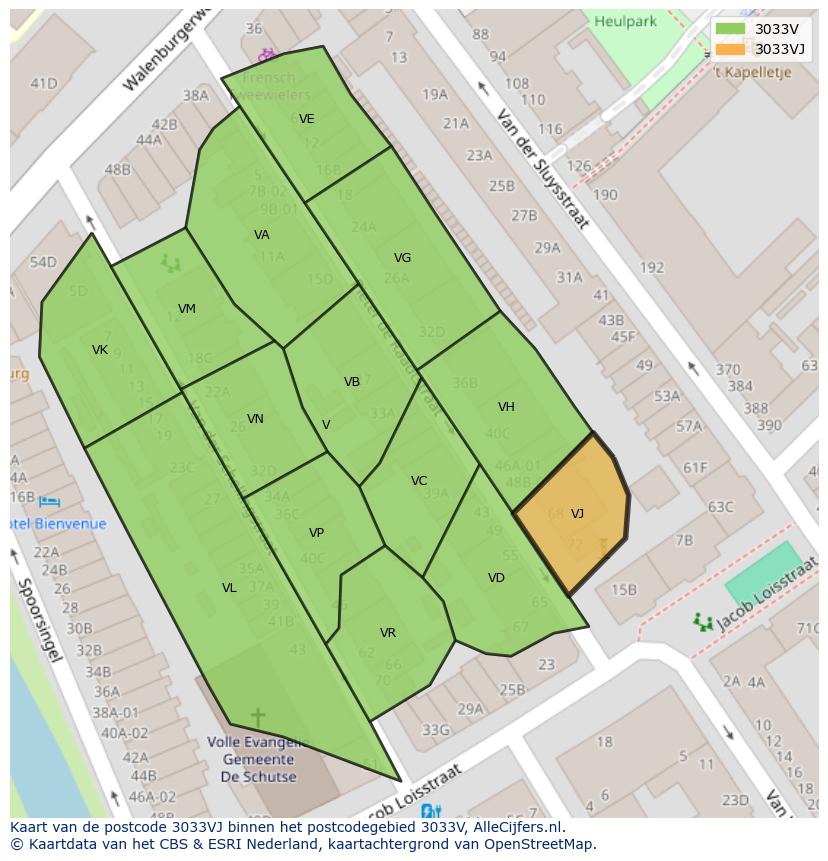 Afbeelding van het postcodegebied 3033 VJ op de kaart.