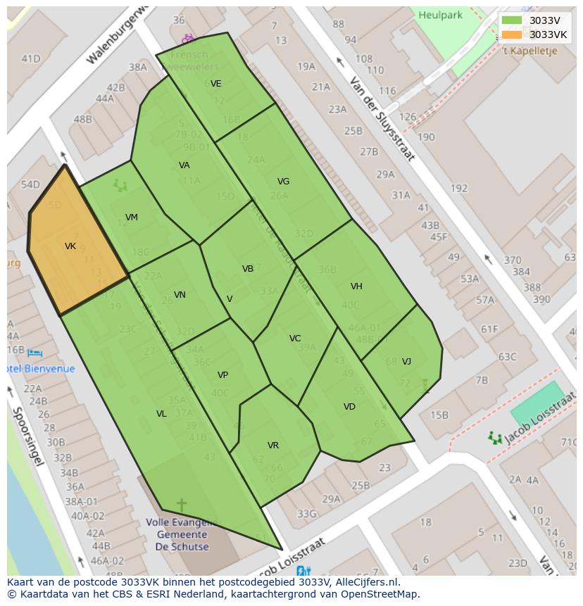 Afbeelding van het postcodegebied 3033 VK op de kaart.