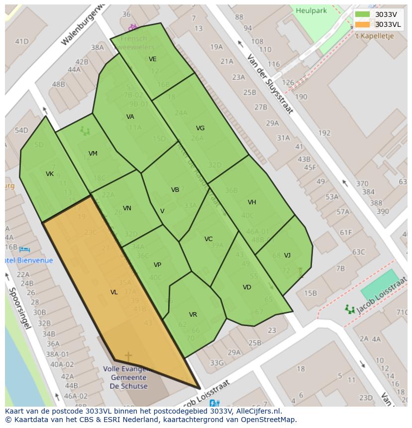 Afbeelding van het postcodegebied 3033 VL op de kaart.