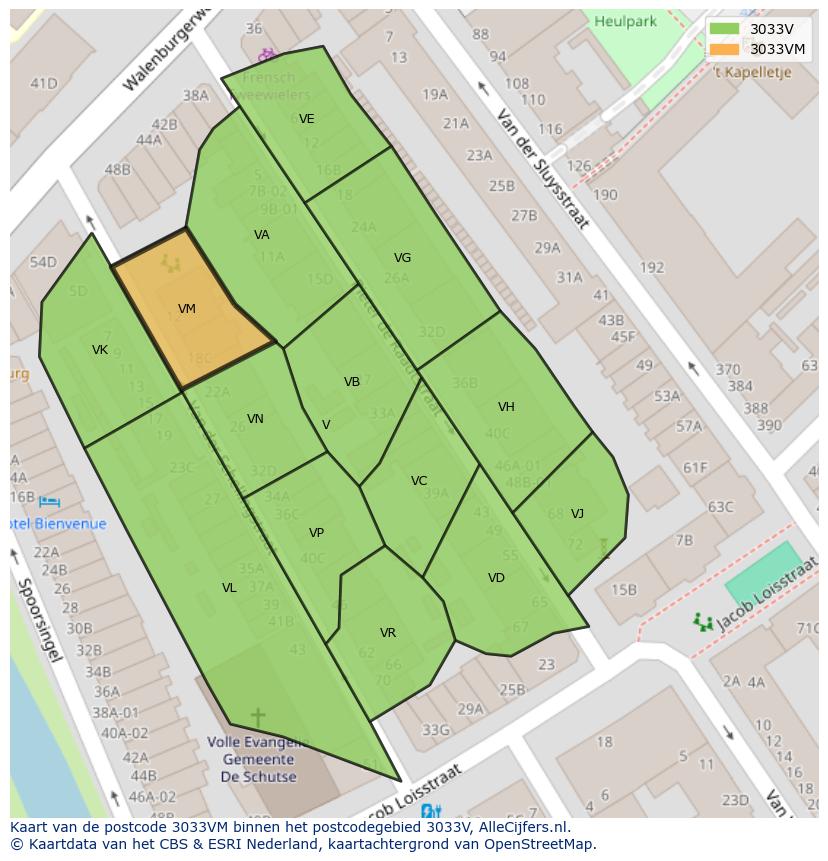 Afbeelding van het postcodegebied 3033 VM op de kaart.