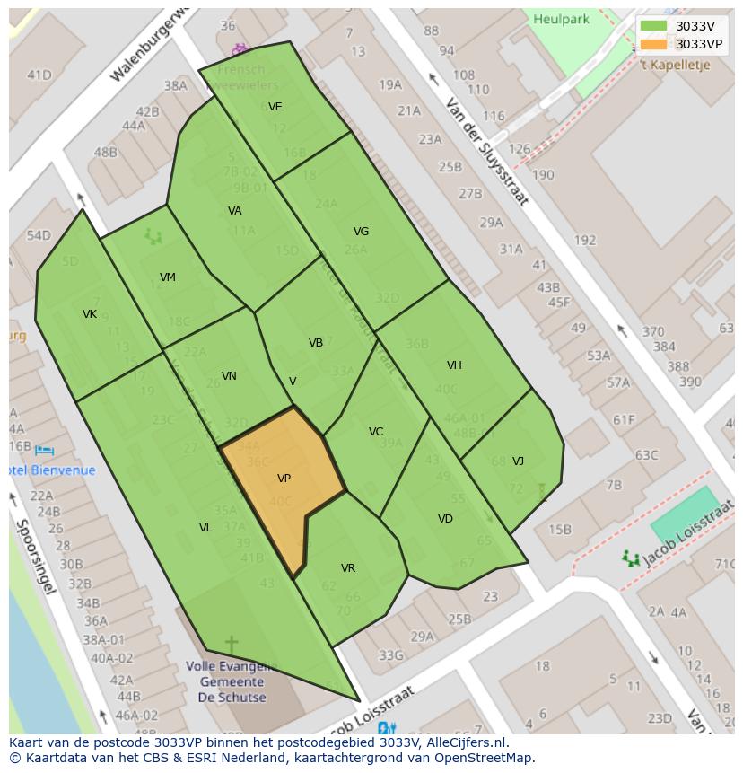 Afbeelding van het postcodegebied 3033 VP op de kaart.