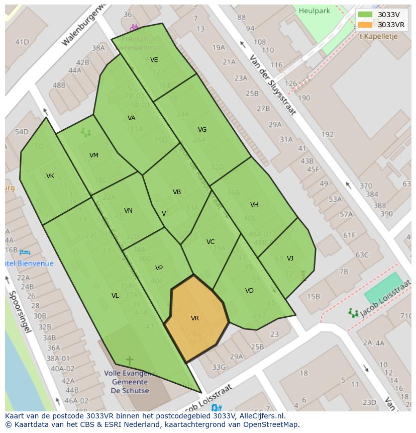 Afbeelding van het postcodegebied 3033 VR op de kaart.