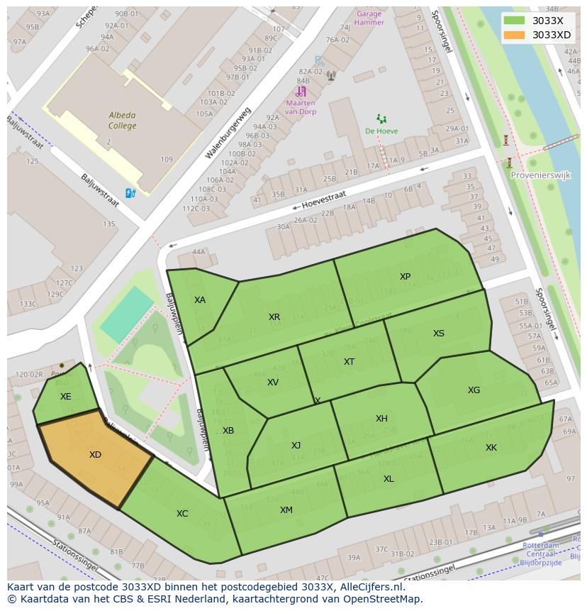 Afbeelding van het postcodegebied 3033 XD op de kaart.