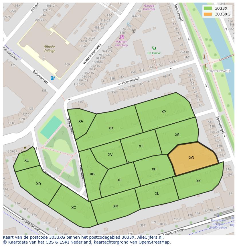 Afbeelding van het postcodegebied 3033 XG op de kaart.