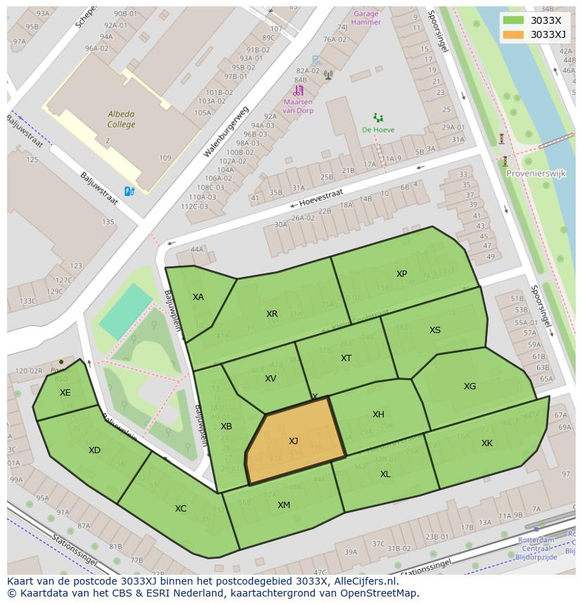 Afbeelding van het postcodegebied 3033 XJ op de kaart.