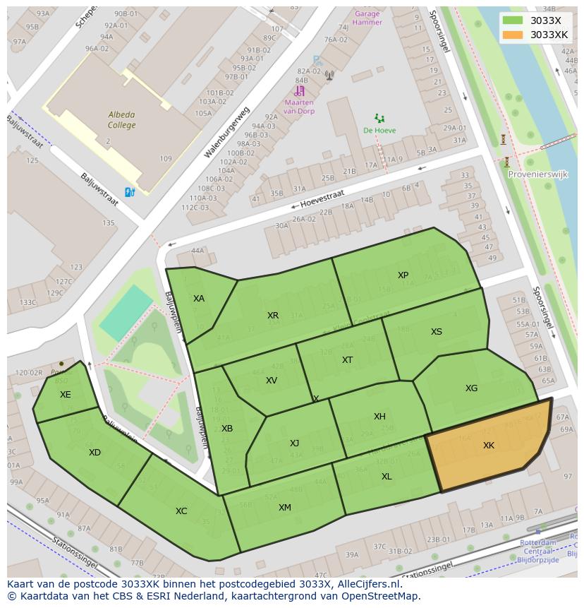 Afbeelding van het postcodegebied 3033 XK op de kaart.