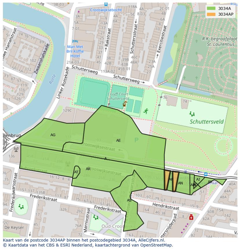 Afbeelding van het postcodegebied 3034 AP op de kaart.