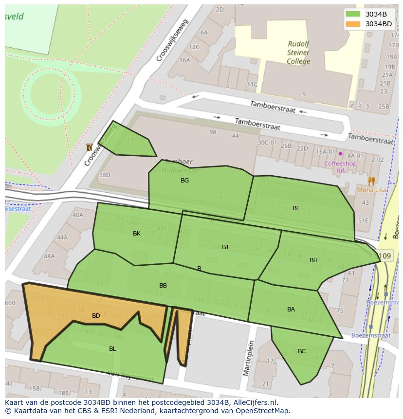 Afbeelding van het postcodegebied 3034 BD op de kaart.