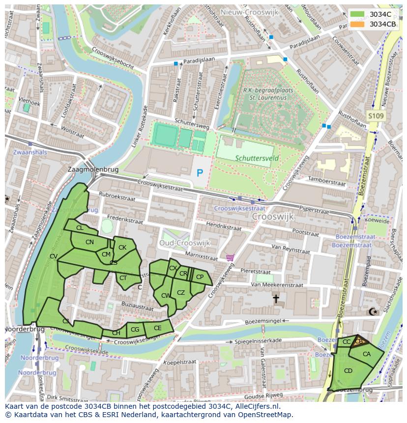 Afbeelding van het postcodegebied 3034 CB op de kaart.