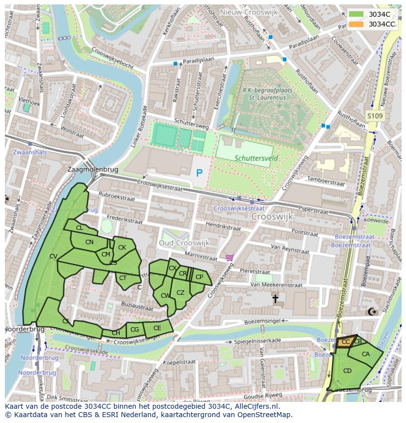 Afbeelding van het postcodegebied 3034 CC op de kaart.