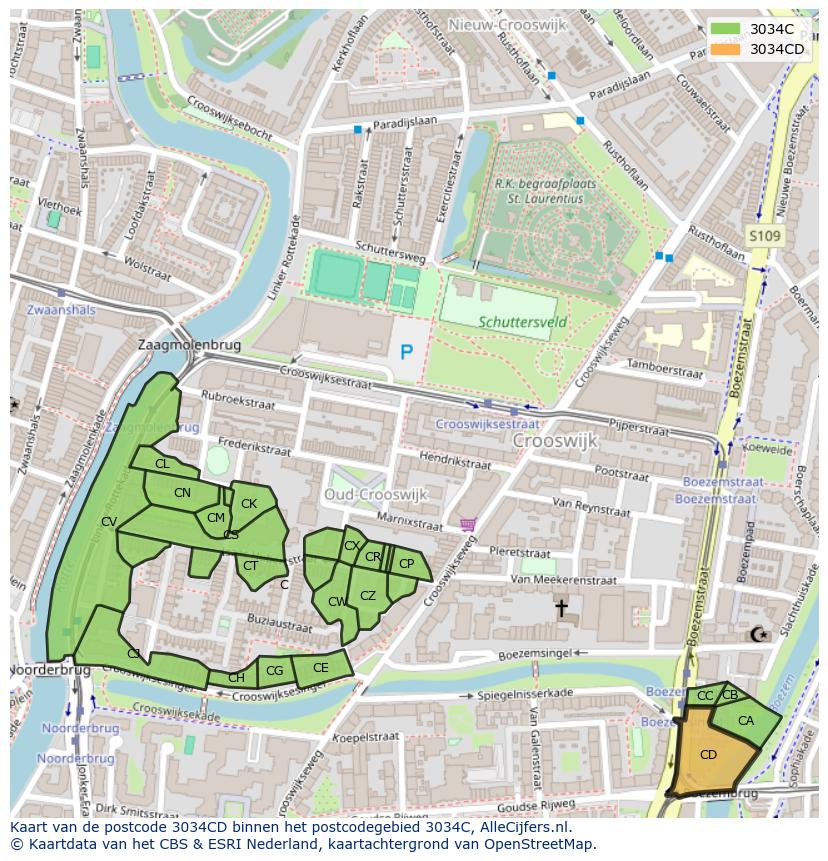 Afbeelding van het postcodegebied 3034 CD op de kaart.