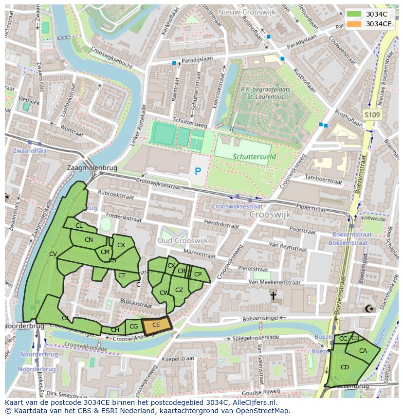 Afbeelding van het postcodegebied 3034 CE op de kaart.