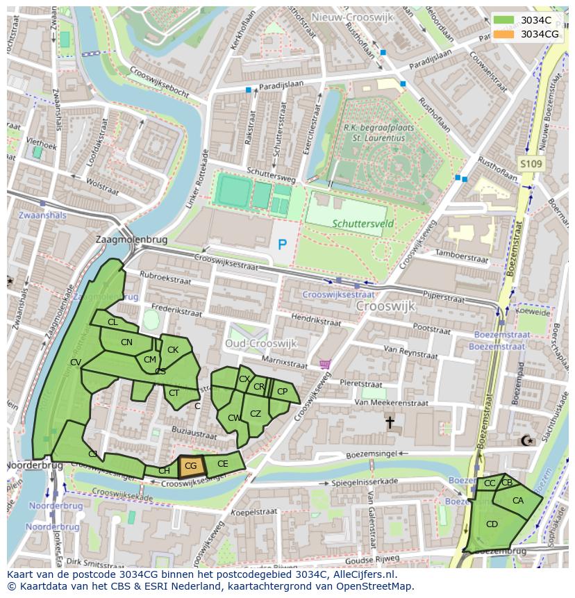 Afbeelding van het postcodegebied 3034 CG op de kaart.