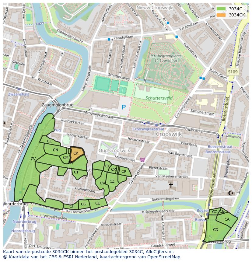 Afbeelding van het postcodegebied 3034 CK op de kaart.