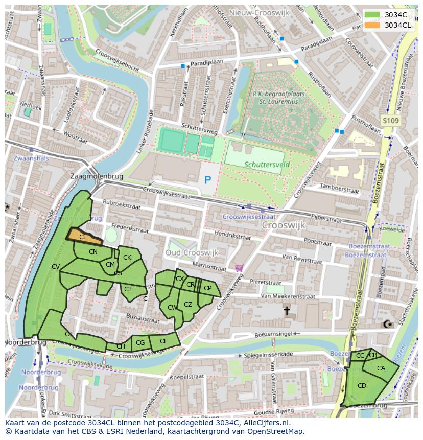Afbeelding van het postcodegebied 3034 CL op de kaart.