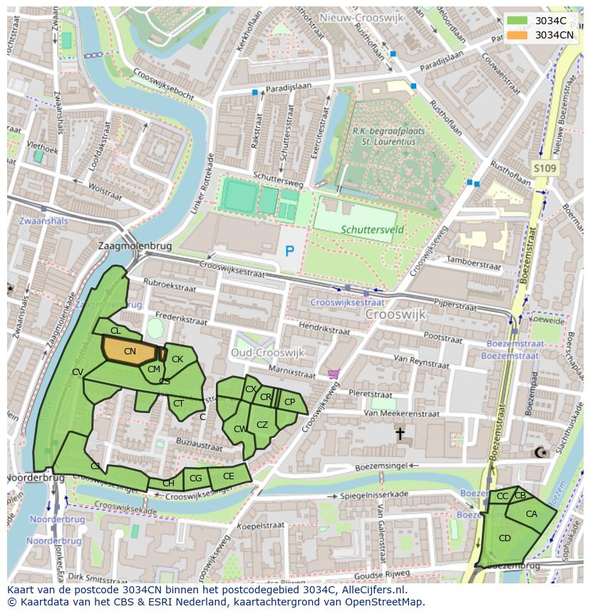 Afbeelding van het postcodegebied 3034 CN op de kaart.