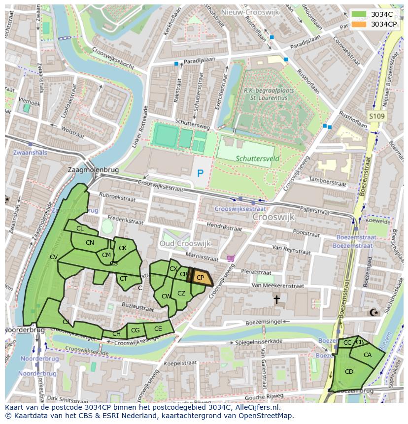 Afbeelding van het postcodegebied 3034 CP op de kaart.