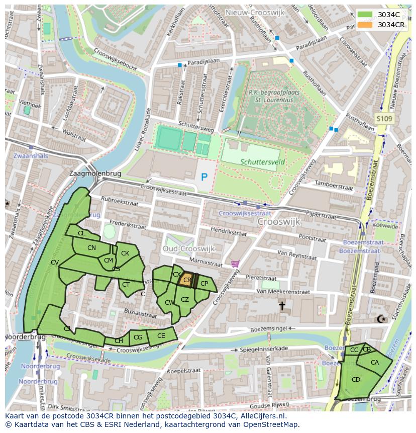 Afbeelding van het postcodegebied 3034 CR op de kaart.
