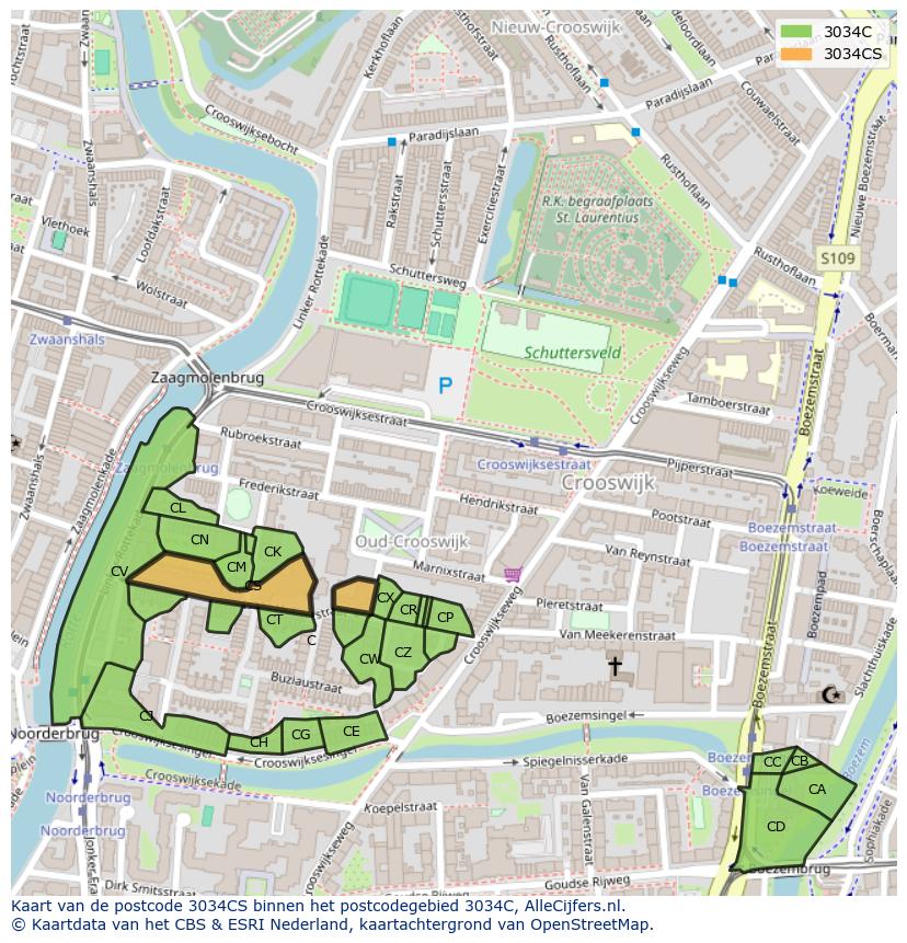 Afbeelding van het postcodegebied 3034 CS op de kaart.