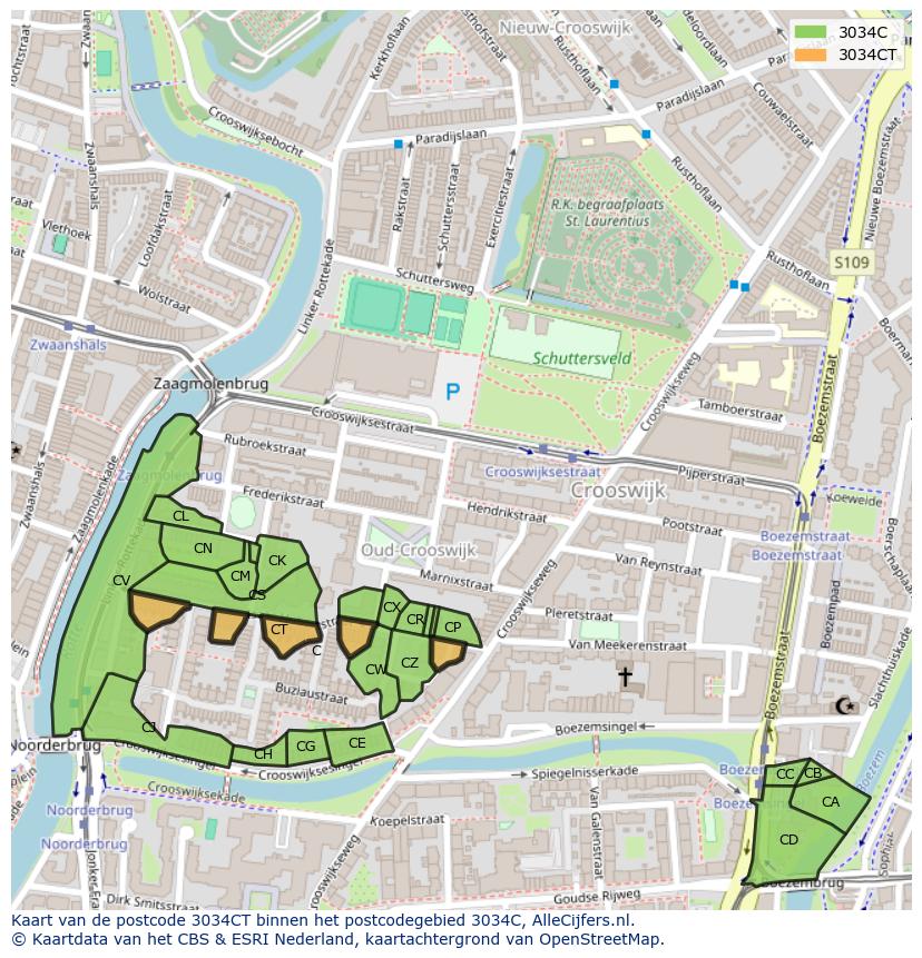 Afbeelding van het postcodegebied 3034 CT op de kaart.