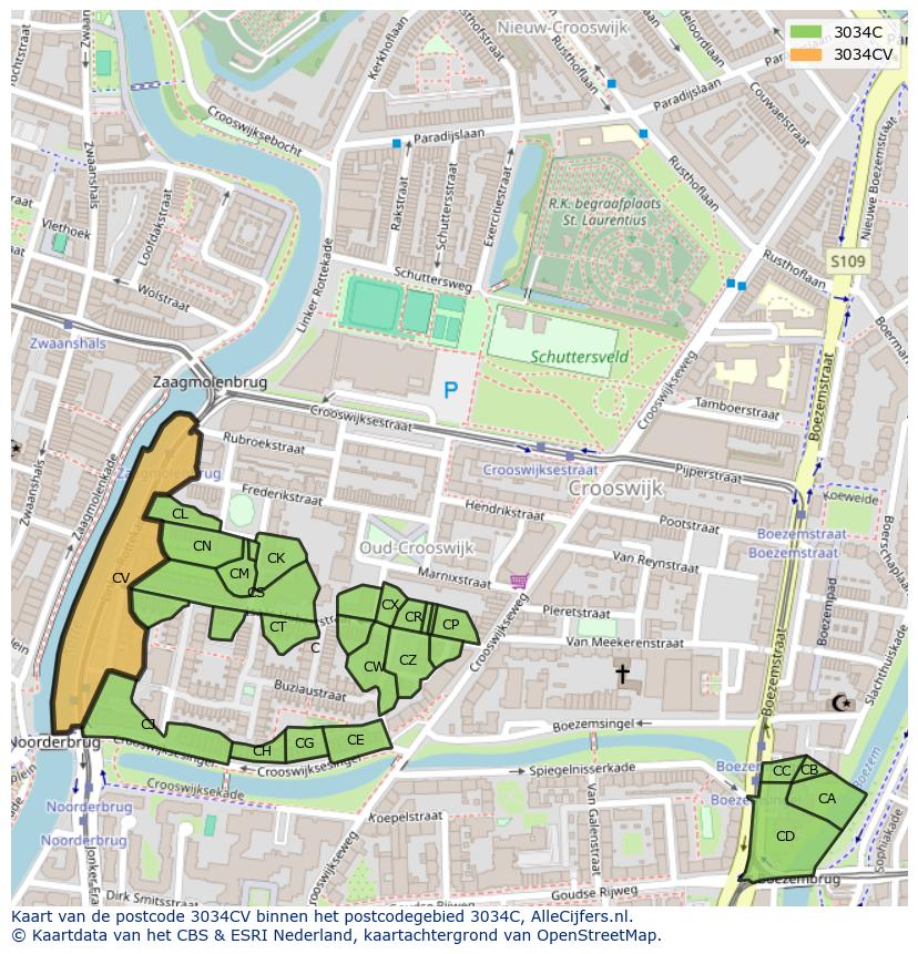 Afbeelding van het postcodegebied 3034 CV op de kaart.