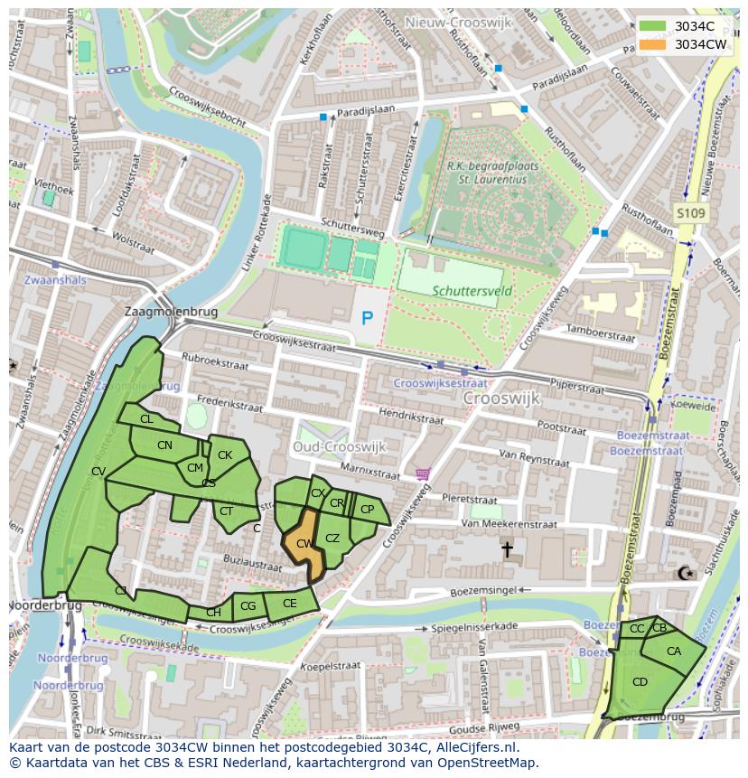 Afbeelding van het postcodegebied 3034 CW op de kaart.