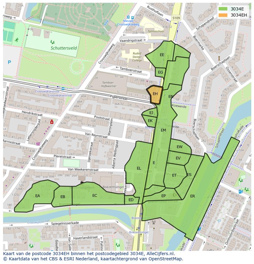 Afbeelding van het postcodegebied 3034 EH op de kaart.
