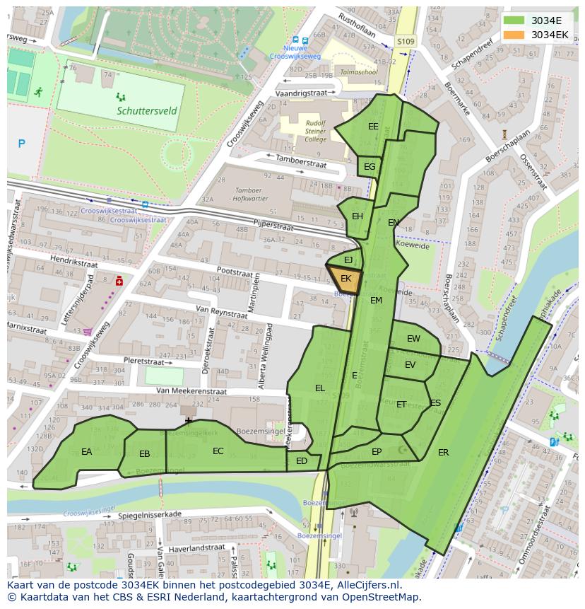 Afbeelding van het postcodegebied 3034 EK op de kaart.
