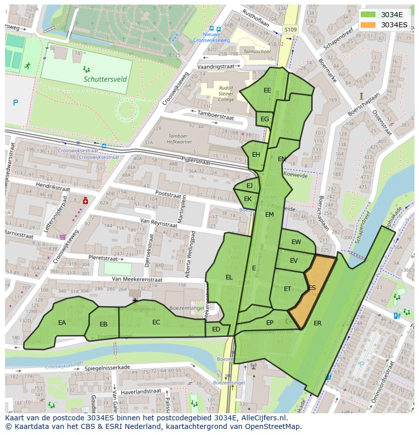 Afbeelding van het postcodegebied 3034 ES op de kaart.