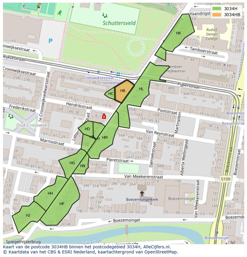 Afbeelding van het postcodegebied 3034 HB op de kaart.