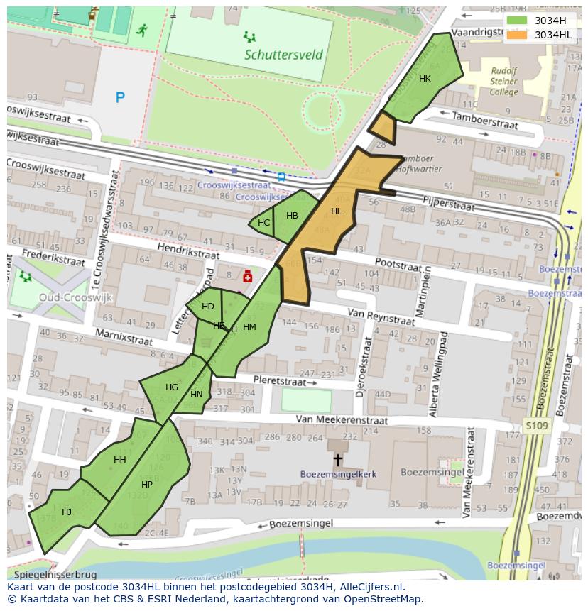 Afbeelding van het postcodegebied 3034 HL op de kaart.