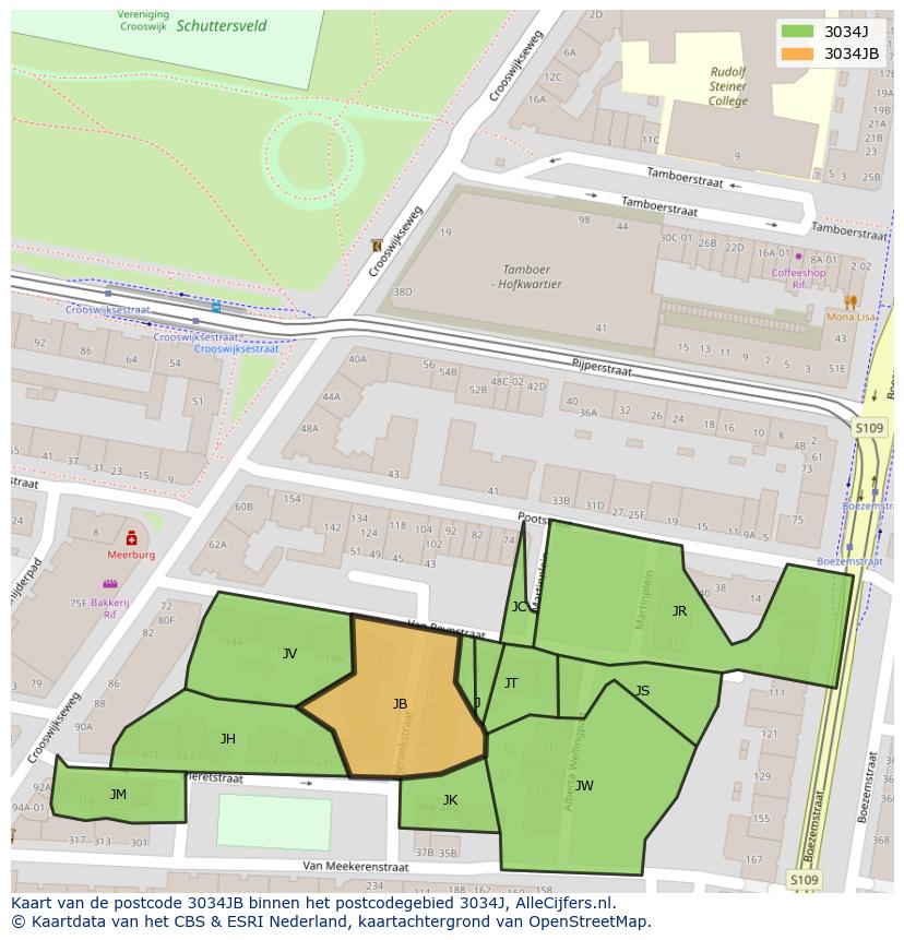 Afbeelding van het postcodegebied 3034 JB op de kaart.