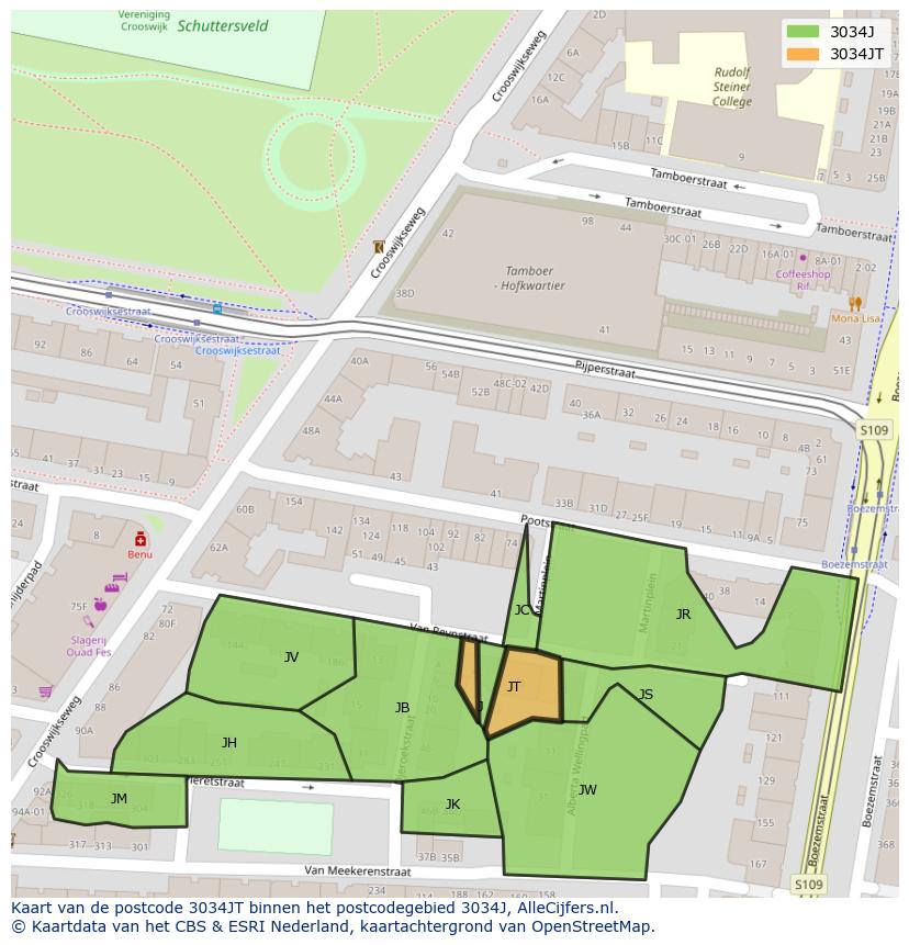 Afbeelding van het postcodegebied 3034 JT op de kaart.