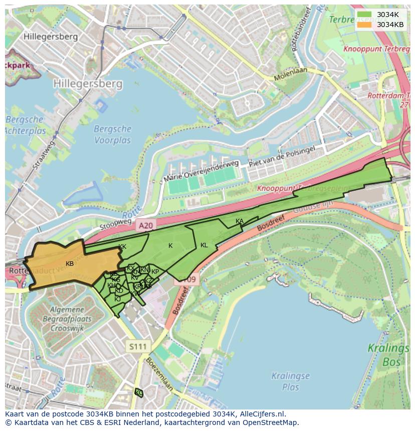 Afbeelding van het postcodegebied 3034 KB op de kaart.