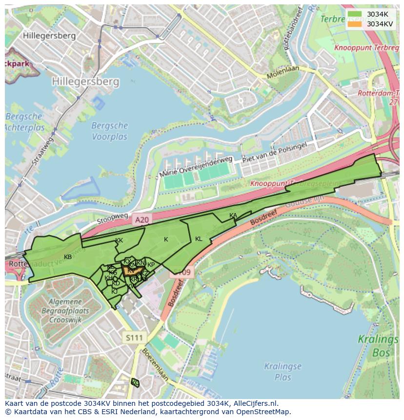 Afbeelding van het postcodegebied 3034 KV op de kaart.