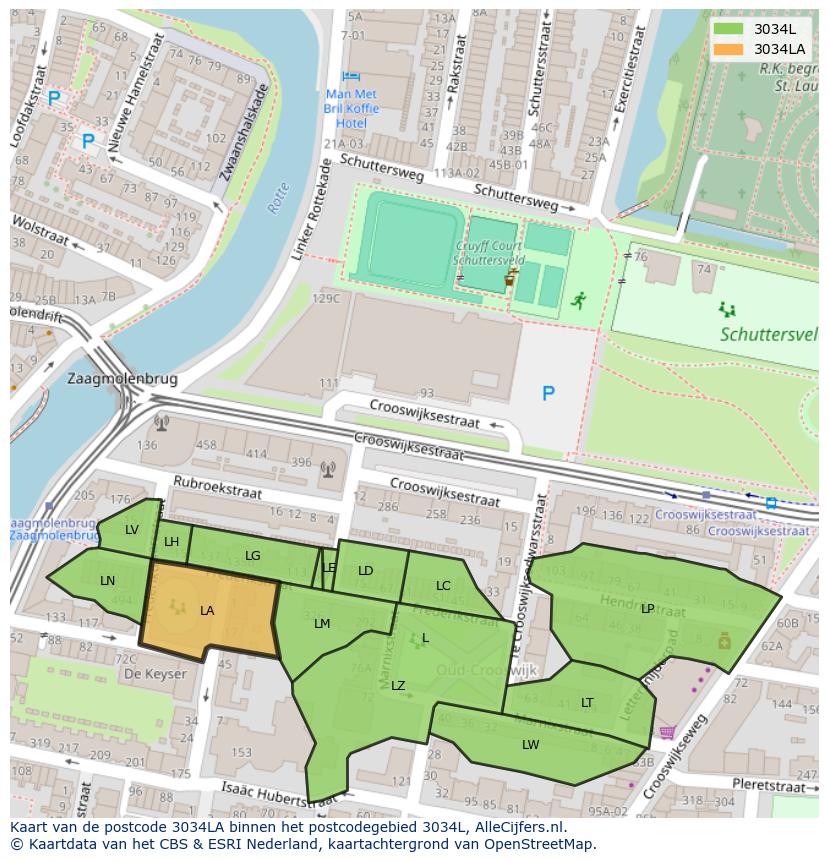 Afbeelding van het postcodegebied 3034 LA op de kaart.