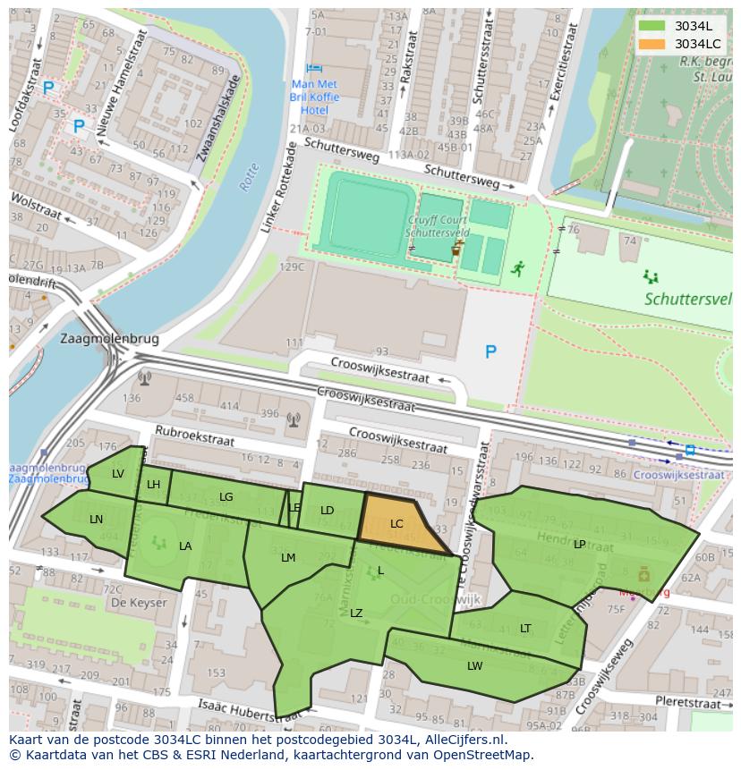 Afbeelding van het postcodegebied 3034 LC op de kaart.
