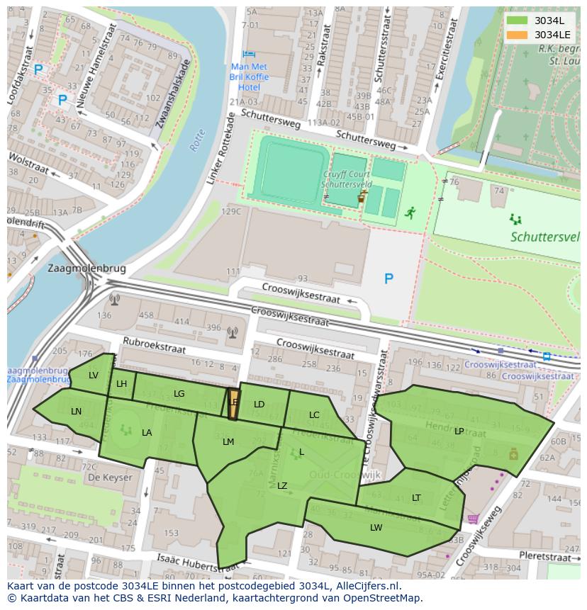 Afbeelding van het postcodegebied 3034 LE op de kaart.
