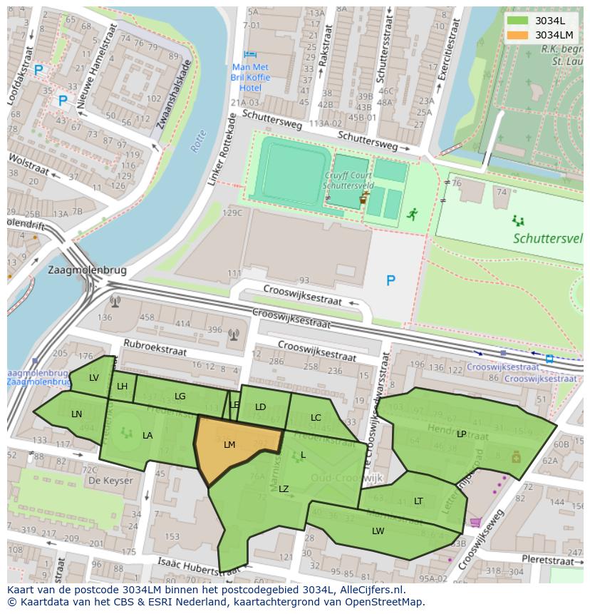 Afbeelding van het postcodegebied 3034 LM op de kaart.