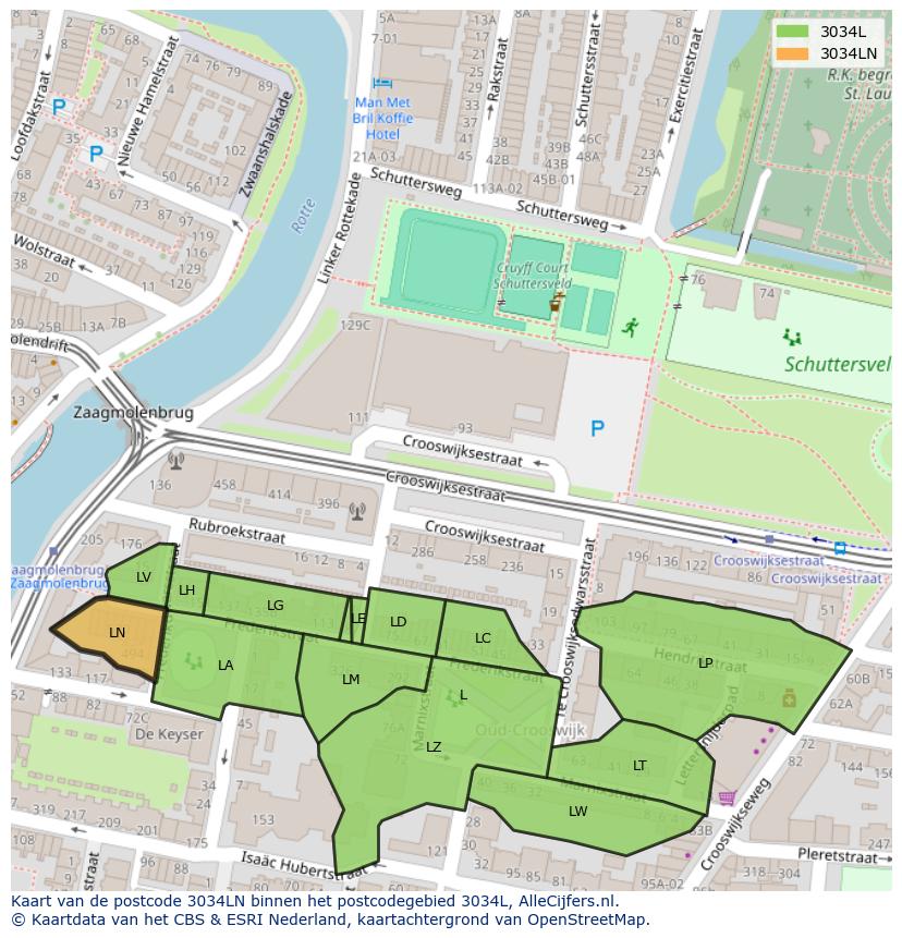 Afbeelding van het postcodegebied 3034 LN op de kaart.