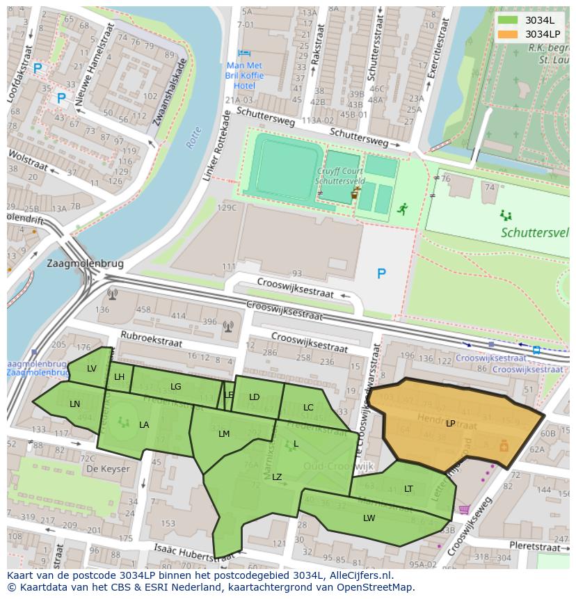 Afbeelding van het postcodegebied 3034 LP op de kaart.